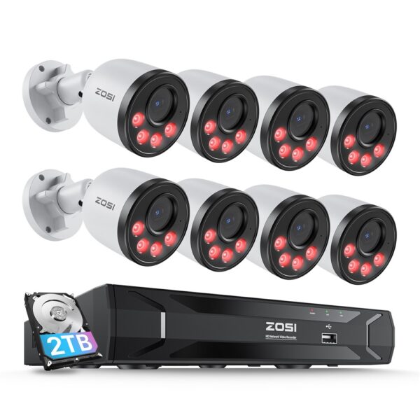 Système De Caméra De Sécurité PoE ZOSI 8 Canaux Avec Audio NVR 4MP Avec Disque Dur De 2 To, Détection Humaine, Vision Nocturne, 8 Caméras IP