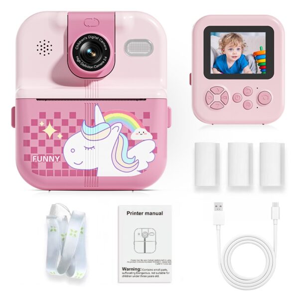 Appareil Photo Instantané P02 pour Enfants, Écran 2,4 Pouces, Motif Animal Amusant, Objectif Rabattable, HD avec Carte 32 Go et Lecteur de Carte