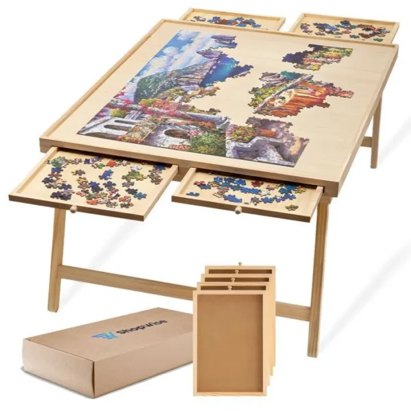 Table de puzzle en bois de luxe – 4 tiroirs de rangement, portable 1000-1500 pièces pour adultes